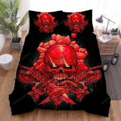 Gears Of War Skull Logo With Chainsaw And Knifes In Blood Bed Sheets Duvet Cover Bedding Sets