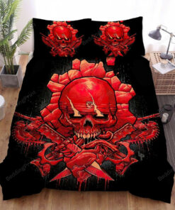 Gears Of War Skull Logo With Chainsaw And Knifes In Blood Bed Sheets Duvet Cover Bedding Sets