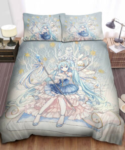 Hatsune Miku With Rabbit Yukine & Gold Snowflakes Bed Sheets Duvet Cover Bedding Sets