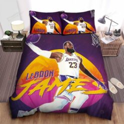Los Angeles Lakers Lebron James Dunk In Retrowave Background Bed Sheet Duvet Cover Bedding Sets