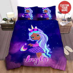 Personalized Cute Black Little Girl Unicorn Girl Custom Name Duvet Cover Bedding Set