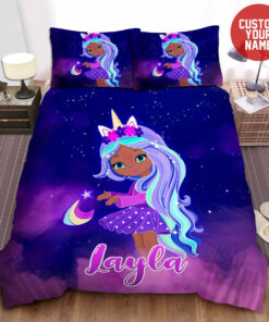 Personalized Cute Black Little Girl Unicorn Girl Custom Name Duvet Cover Bedding Set