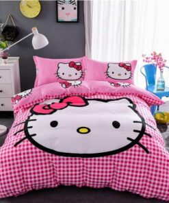 Pink White Plaid Hello Kitty Bedding Set Duvet Cover Pillow Cases