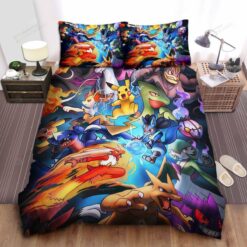 Pokemon, Pokemons Fighting, Charizard, Pikachu Bed Sheets Spread Duvet Cover Bedding Sets