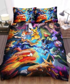 Pokemon, Pokemons Fighting, Charizard, Pikachu Bed Sheets Spread Duvet Cover Bedding Sets