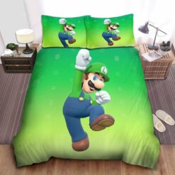 Super Mario Luigi Jumping In Fading Green Background Bed Sheets Duvet Cover Bedding Sets