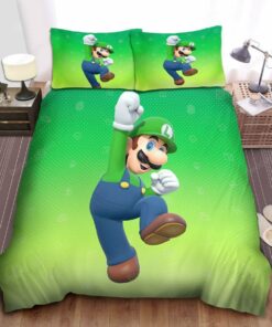 Super Mario Luigi Jumping In Fading Green Background Bed Sheets Duvet Cover Bedding Sets