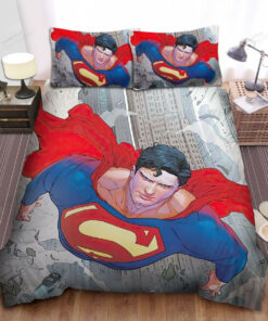 Superman, Dc Comics Character, Flying Through The Street Bed Sheets Spread Comforter Duvet Cover Bedding Sets