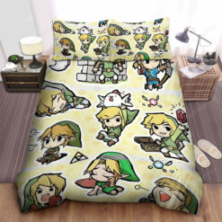 The Legend Of Zelda Funny Link Actions In Chibi Art Style Pattern Bed Sheets Duvet Cover Bedding Sets