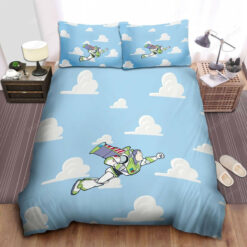 Toy Story Buzz Lightyear Flying On Cloudy Background Bed Sheets Duvet Cover Bedding Sets