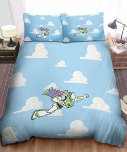 Toy Story Buzz Lightyear Flying On Cloudy Background Bed Sheets Duvet Cover Bedding Sets
