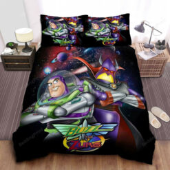 Toy Story Buzz Lightyear Vs Zurg On Galaxy Background Bed Sheets Duvet Cover Bedding Sets